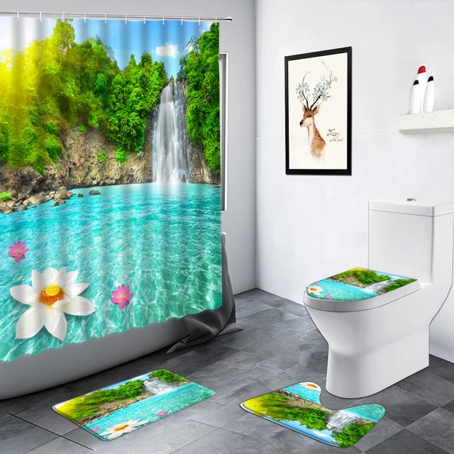最大71％オフ！ Britimes Piece Shower Curtain Sets, Window Waterfall Scenery  with Non-Slip Rugs, Toilet Lid Cover and Bath Mat, Durable and Waterproof,  for Bathroom