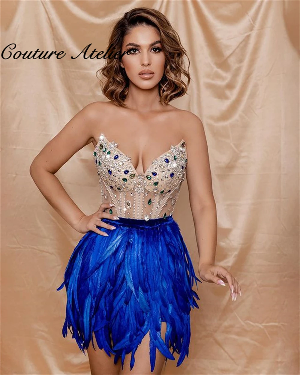 Royal Blue Feathers Prom Dresses Luxury Mermaid Dress