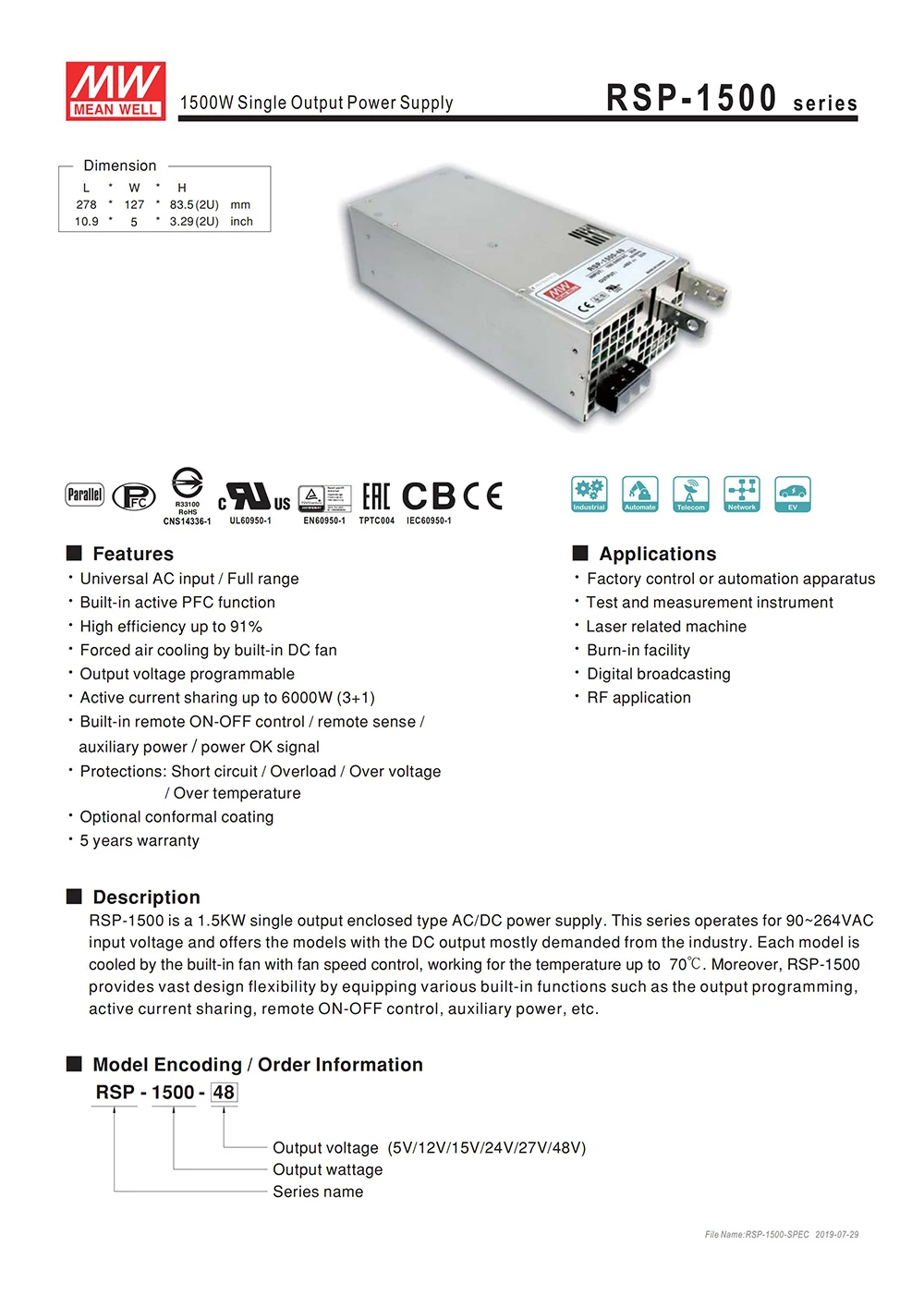 RSP-1500-5 источник питания 110 В/220 В переменного тока до 5 В постоянного тока 240А 1200 Вт трансформатор программируемый источник питания параллельно