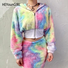 HEYounGIRL/меховые толстовки из искусственного меха; укороченная куртка с принтом галстука; зимние теплые пальто; женское повседневное пальто с длинными рукавами; Осенняя уличная одежда