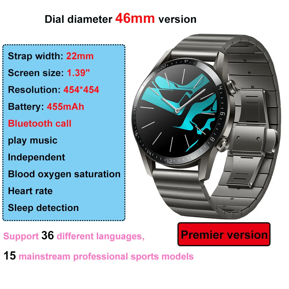 Huawei Watch GT/GT 2 Смарт-часы Bluetooth 5,1 может говорить о крови кислородный трекер Spo2 музыкальный плеер часы для Android IOS - Цвет: 46mmsilver-grey