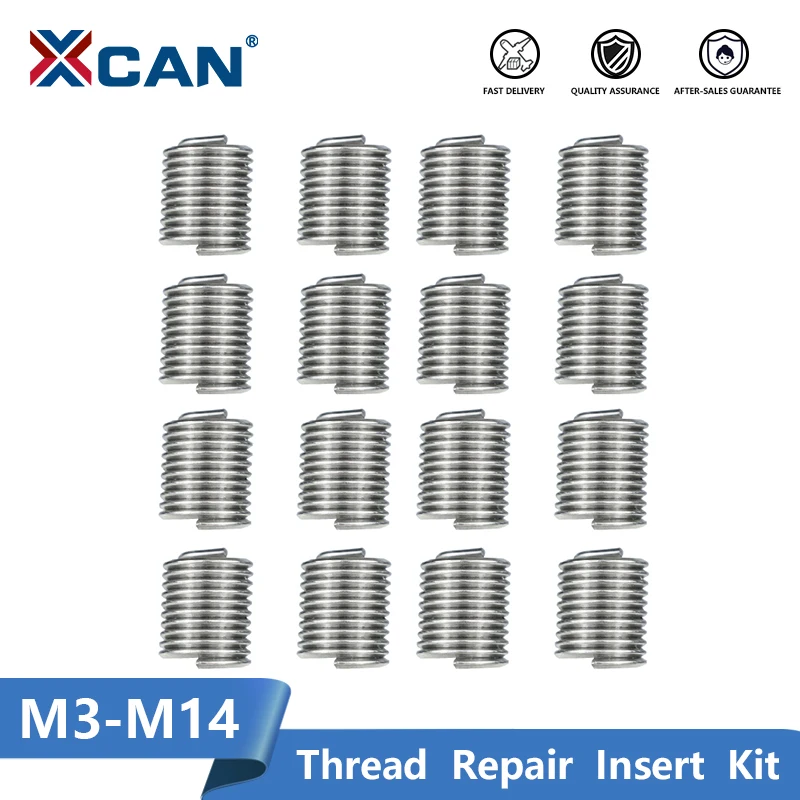 XCAN Thread Repair Insert Kit Silver, M3 M14 1.5D 2.0D Stainless Steel 10 20pcs Restoring Damaged Threads Tools