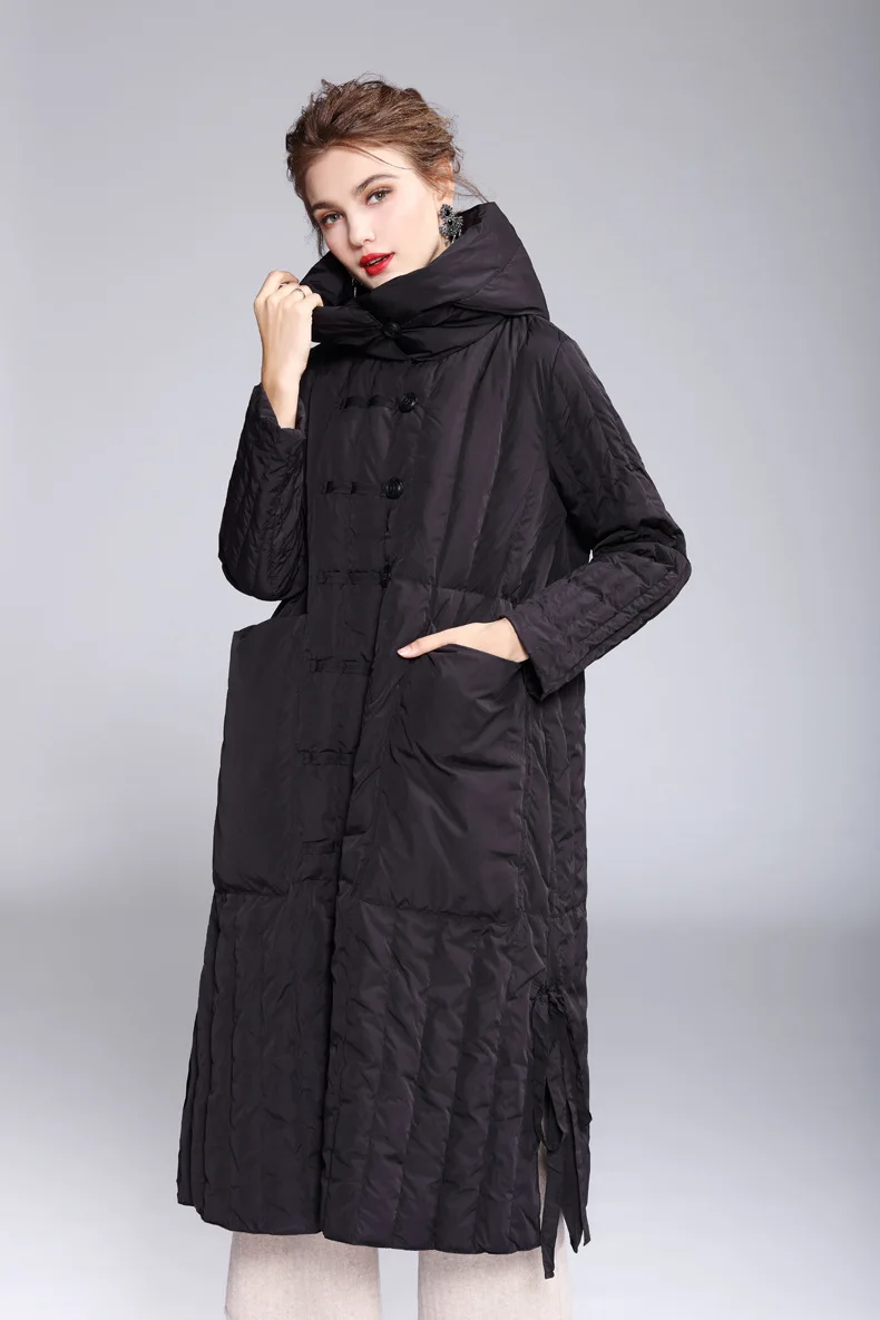 Осенне-зимние женские брендовые пуховые пальто, европейский стиль, широкий пояс, чистый цвет, с капюшоном, женские однобортные пуховики с длинным рукавом