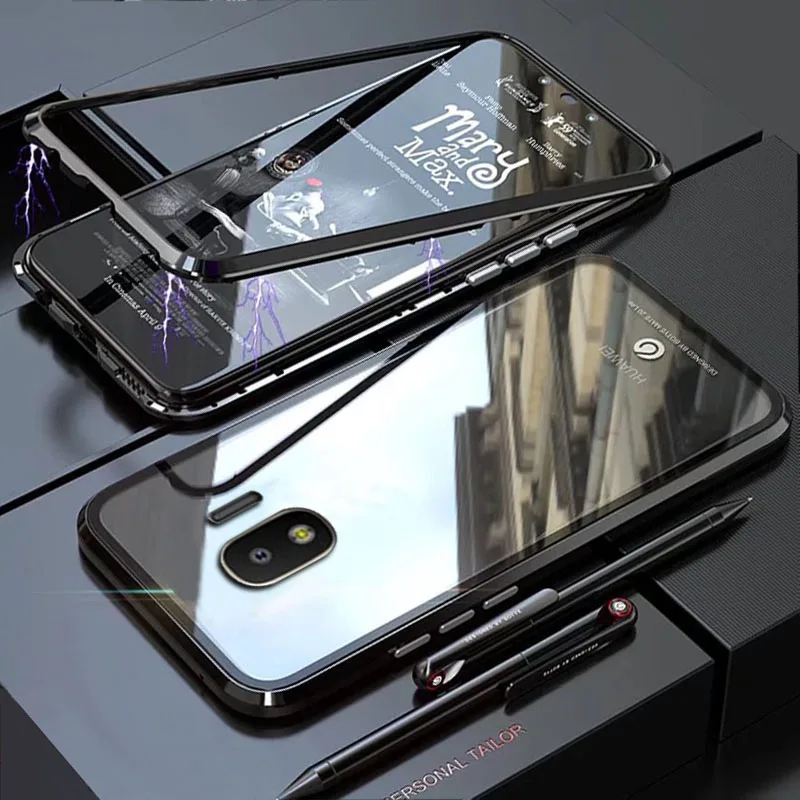 

YonLinTan Coque cover Case For Samsung galaxy J4 Plus 2018 J4Plus Metal magnetic Frame Hard tempered glass Phone Back Covers