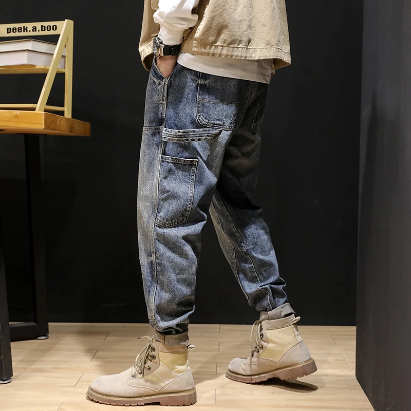 Streetwear Fashion Jeans Retro Blue Loose Fit Casual Denim Cargo Pants High Quality Hip Hop Wide Leg Harem Jeans For Men