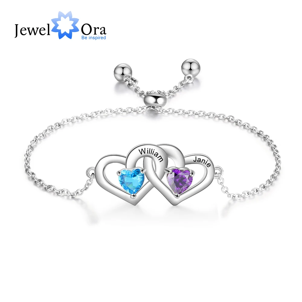 Customized 2 Names Adjustable Couple Bracelet Personalized Heart Birthstone Engraved Bracelet for Women (JewelOra BA102580)