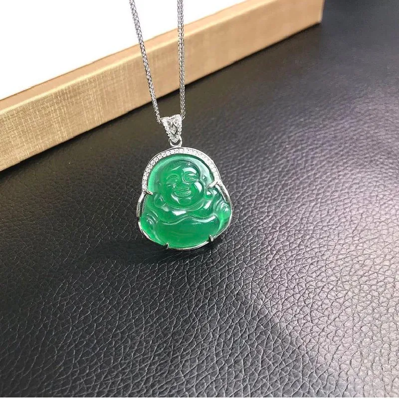 

Sterling Silver 925 Inlaid Natural Chalcedony Buddha Pendant Jewelry