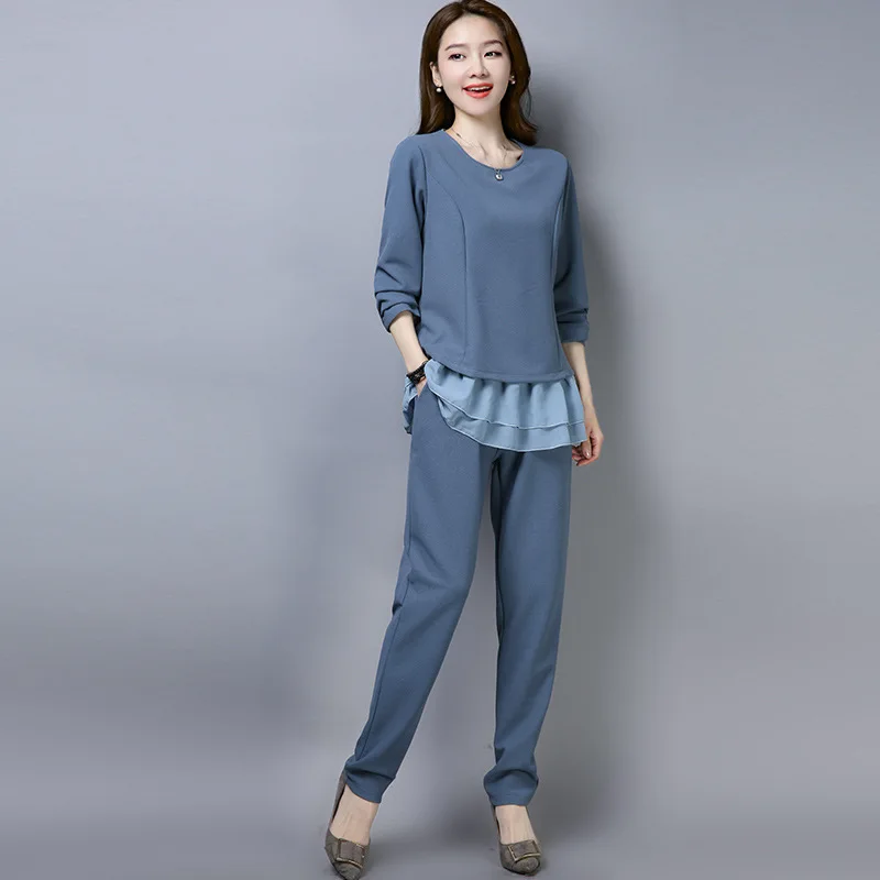 

2019 Spring New Style Plus-sized WOMEN'S Dress Korean-style Solid Color Long-sleeved T-shirt + Baggy Pants Fashion Casual Two-Pi