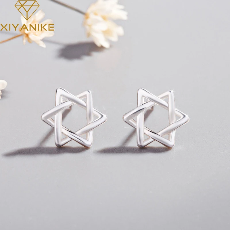 

XIYANIKE 925 Sterling Silver Prevent allergy Hollow hexagon Stud Earrings Design Creative Small Simple Geometric Ear Jewelry