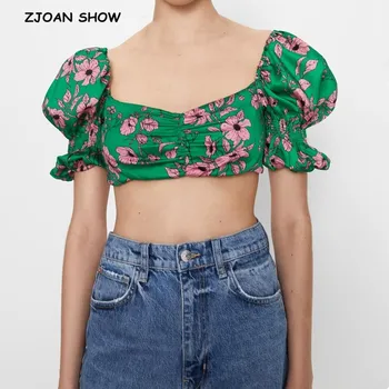 

2020 Retro Green Flower Print Puff sleeve Tee Elastic Ruched Vintage Blouse Women Short Sleeve Short T-shirt Crop Top Tees