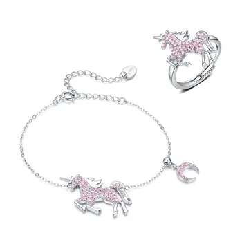 

Sterling silver unicorn ring S925 pink zircon open ring bracelet two-piece silver set