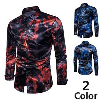 

Newly Men Long Sleeve Printing Shirt Tops Slim Casual Button for Party Autumn Beach FIF66