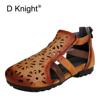 

Original Summer 2020 New Hole Ladies Flat Sandals Shoes Genuine Leather Round Toe Female Flat Soft Bottom Handmade Woman Sandals