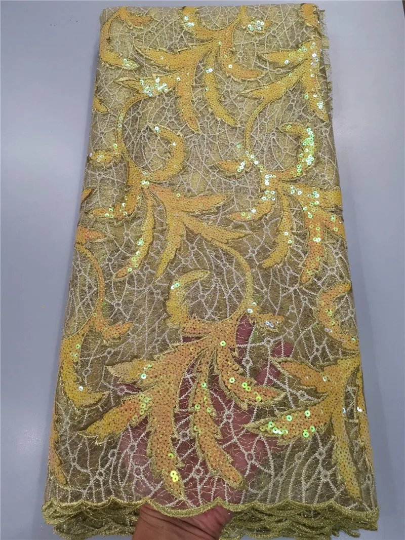 Высокое качество нигерийские золотые кружева последовательная кружевная ткань органза кружево в швейцарской блестящей ткани вечернее платье 5 ярдов/партия - Цвет: Цвет: желтый