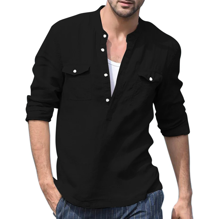 Men Clothes 2019 Button Cotton Linen Long Sleeve Shirts Casual Holiday Street Slim Fit Tops Four Color Mens Sexy V Neck Shirts