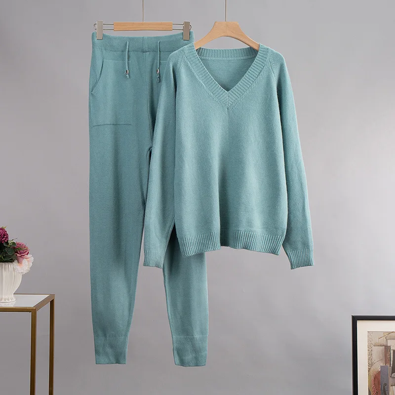 HLBCBG Cashmere Knitted Sets Women 2022 New Loose V Neck Sweater & Carrot Pant 2 Pieces Female Outfit Tracksuits Harem Pants 3