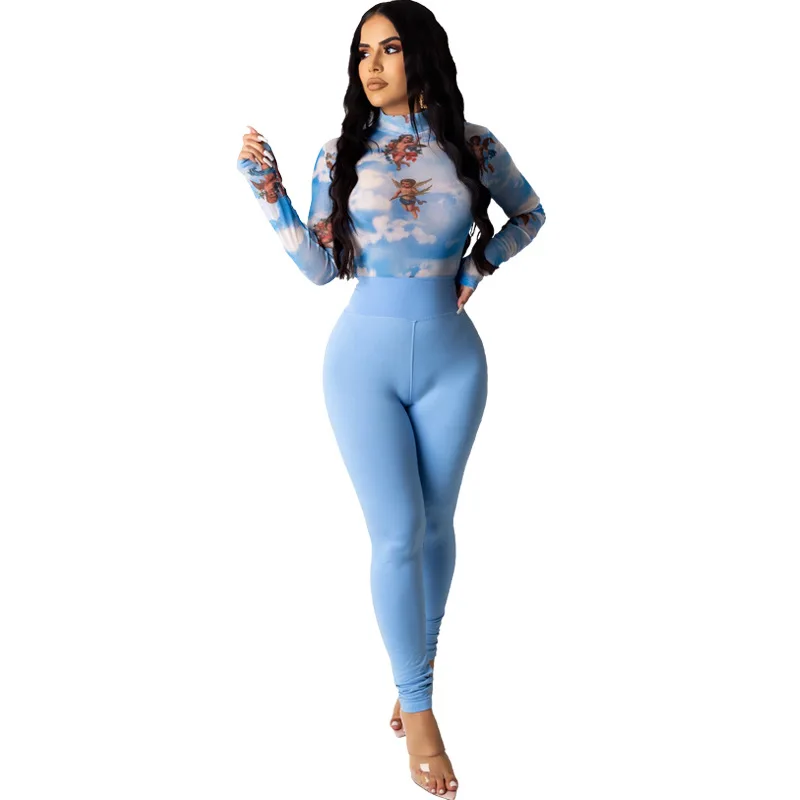 

Adogirl 2020 Women Spring Cartoon Printed O-Neck Long Sleeve Shirt Sexy Mesh Perspective See Through Night Club Party Tops