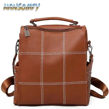 

2019 moon Plaid Backpack Women 2018 Fashion PU Leather Vintage Backpacks Girls Rivets Large Capacity School Bag Mochilas CY-96