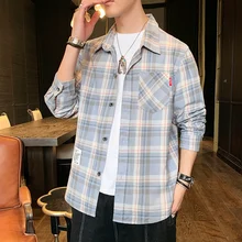 

Check Long Sleeve Handsome Shirt Men's Classic 2021 New Korean Shirt Student Class Casual Shirt Fashion Slim Mens Clothing