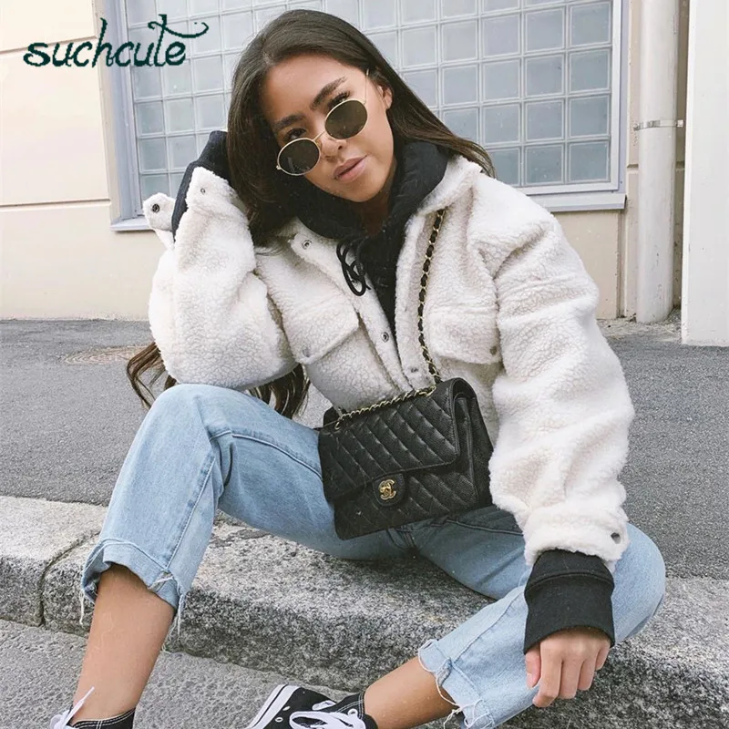 

SUCHCUTE Fur Coats For Women Teddy Jacket Korean Style Modis Longslive zipper up Casual Autumn 2019 Harajuku Streetwear Coat