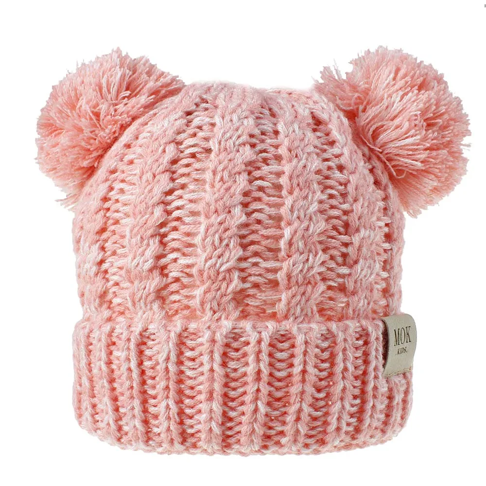 Детские вязаные шапки с милыми двойными помпонами для мальчиков и девочек, шапочки, шапочки - Цвет: pink white