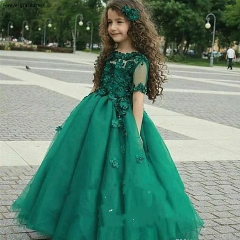 2017 Hunter Green Hot Cute Girl's Pageant Dresses Arabic Sheer Short Sleeves Princess A Line Kids Formal Wears Flower Girl Dresses  84