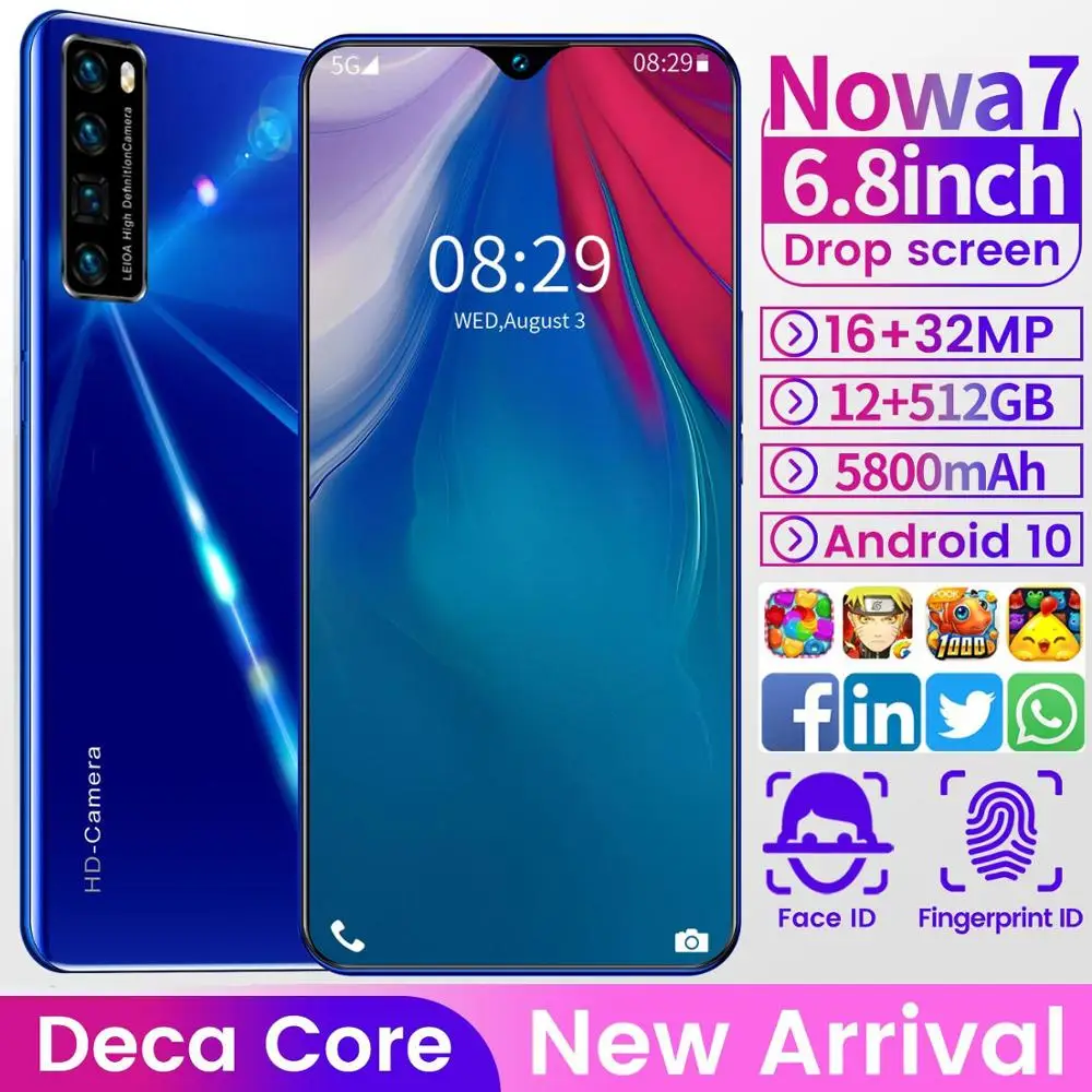 

2020 New 6.8" Nowa7 Mobile Phone 12GB RAM 512GB ROM 10Core 5800MAH Android10 Snapdragon 855 Global 5G Smartphone In Stock Google