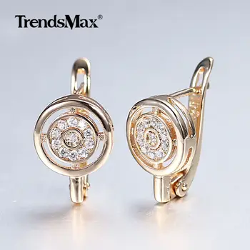 

585 Rose Gold Stud Earrings Hollow Round Swirl White Carve Cubic Zircon Drop Earrings for Women Girls Fashion Jewelry Gift GE294