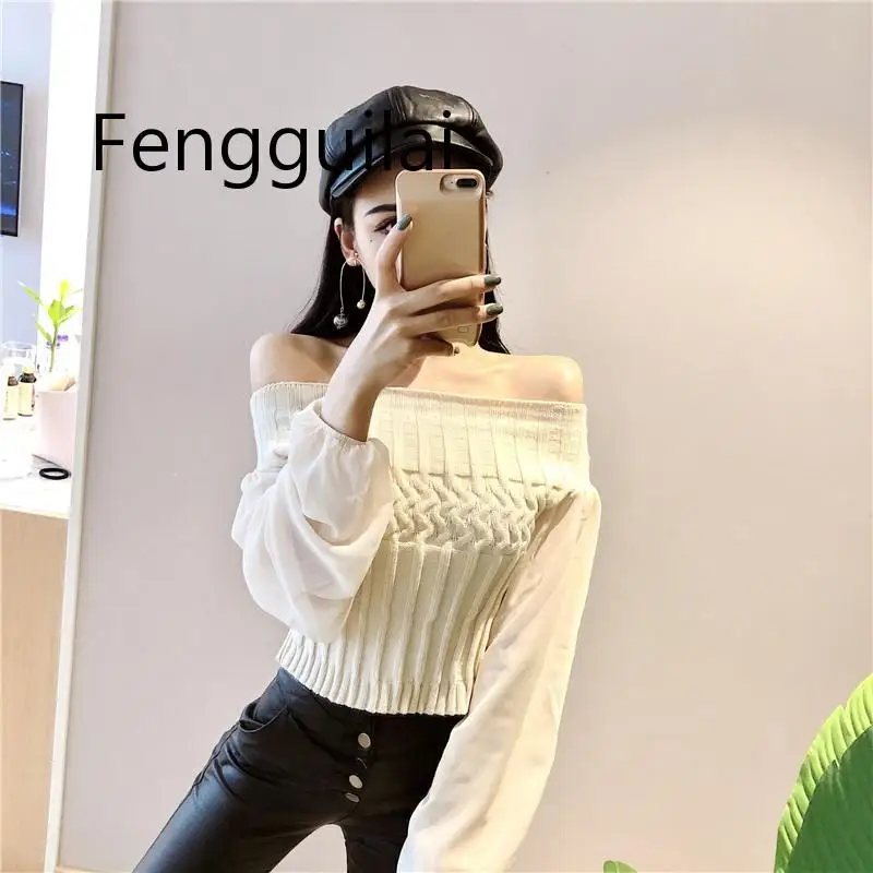 FENGGUILAINew Fashion Women Slim Knitted Sweater Chiffon Stitching Ladies O-neck Sexy Short Tops Sweaters Lantern Sleeve Knitwea FENGGUILAINew Fashion Women Slim Knitted Sweater Chiffon Stitching Ladies O-neck Sexy Short Tops Sweaters Lantern Sleeve Knitwea