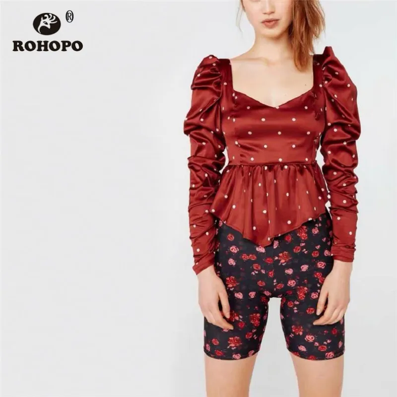 

ROHOPO Square Collar Draped Long Sleeve Red Blouse Asymmetric Ruffles Hem White Polk Dot Chic Female Tops Shirt # 9137
