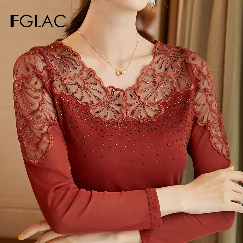 FGLAC, женская блузка, модная, повседневная, длинный рукав, сетчатые топы, элегантная, тонкая, открытая, кружевная рубашка, плюс размер, Женская Весенняя рубашка