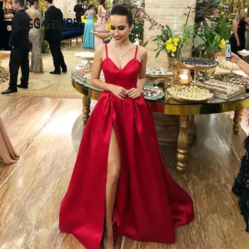 

Simple Design Red A Line Prom Dress 2020 Sexy Side Slit Backless Sweep Train Girls Graduation Party Dresses Birthday Party