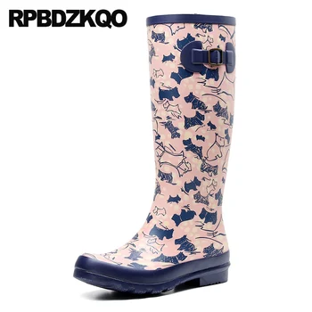 

designer shoes women luxury 2019 big size slip on waterproof boots rain knee high plus wide calf animal print pink rubber ladies