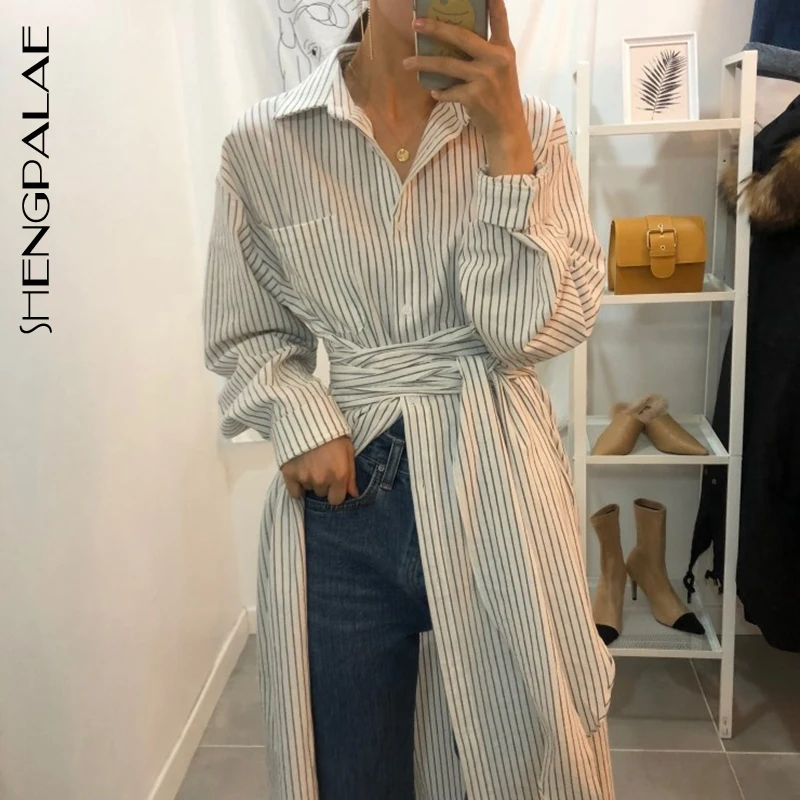 

SHENGPALAE Autumn Spring 2019 Long Sleeve Striped Mid-calf Bandage Vestidos Women Korean Irregular Waist Bandage Dress FS871