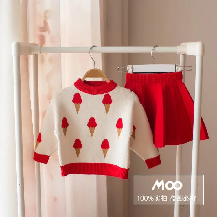 

2019 Spring And Autumn Girls Western Style Pleated Baby Girls Cartoon Sweater Set Skirt Children Knitted Two-Piece Set