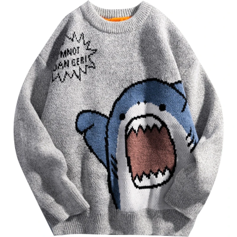 Shark Sweater Men Winter Cartoon Harajuku Korean Y2k Oversized Turtleneck Hip Hop Loose Knit Jumper Pullover High Collar Sweater 3