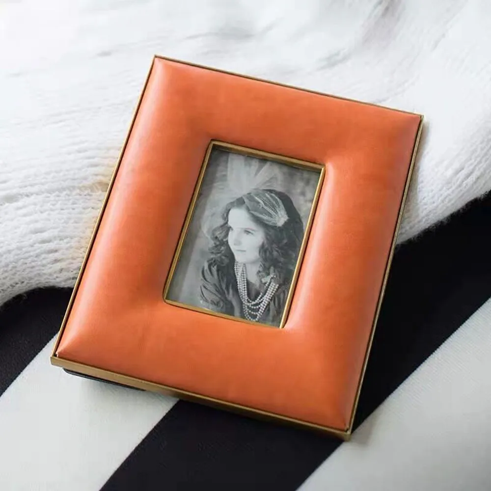 

4/6 Inch Vintage PU Leather Photo Modern geometric design Gold Trim Orange Color Picture Frames Home Decor