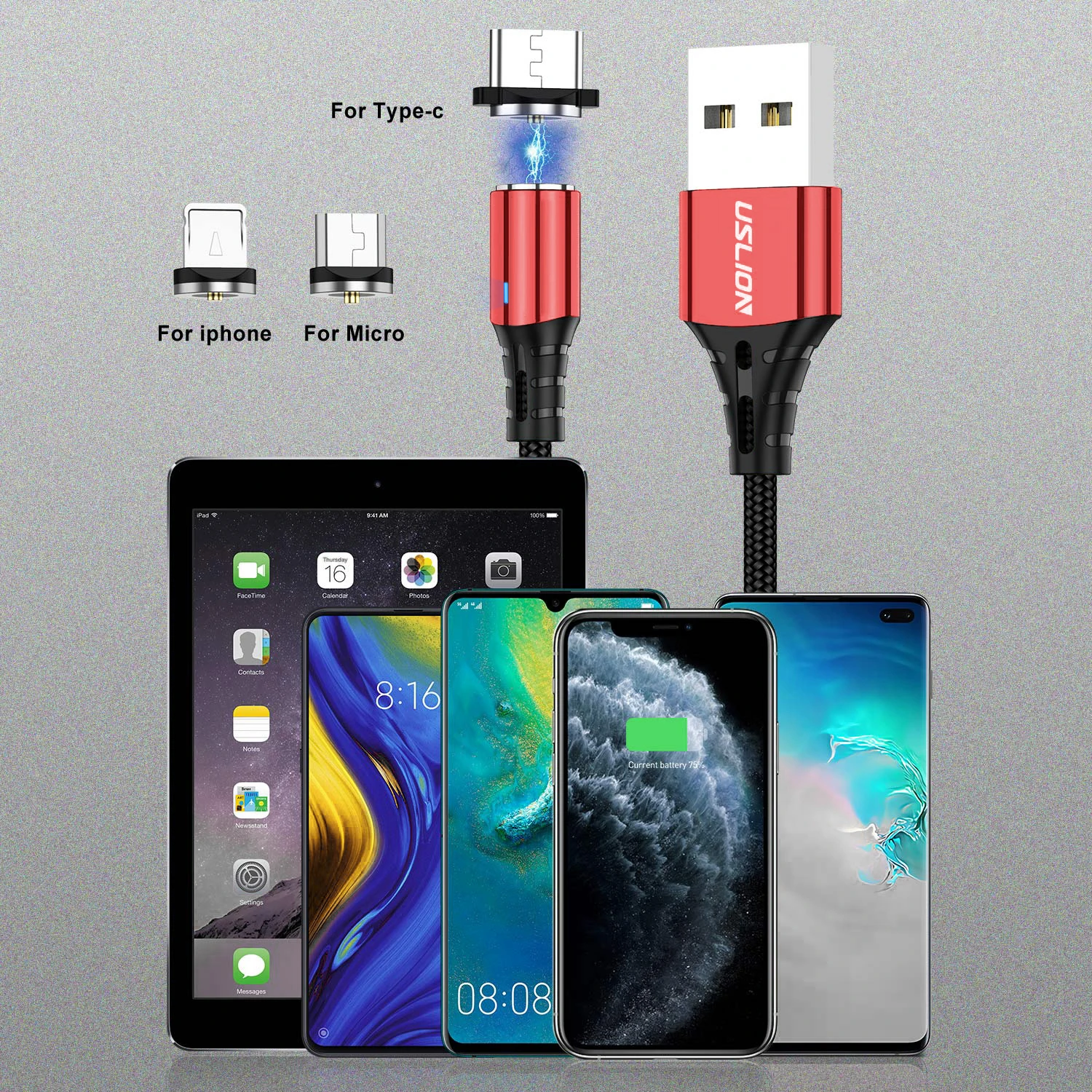 Магнитный кабель USLION USB Type C для Samsung S10 металлический Micro быстрой зарядки Xiaomi