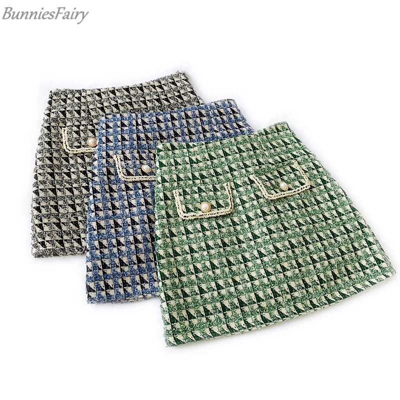 

BunniesFairy 2019 Autumn Winter Women Celebrity Houndstooth Geometry Jacquard Plaid Short Mini Tweed Skirt Green Blue Black