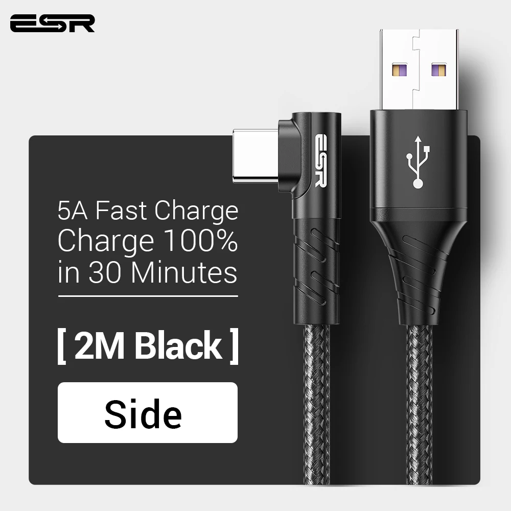 ESR 5A usb type-C кабель 1 м 2 м Быстрая зарядка type-C кабель для huawei P30 P20 mate 20 Pro Phone Supercharge QC3.0 USBC Кабо черный - Цвет: side black 2M