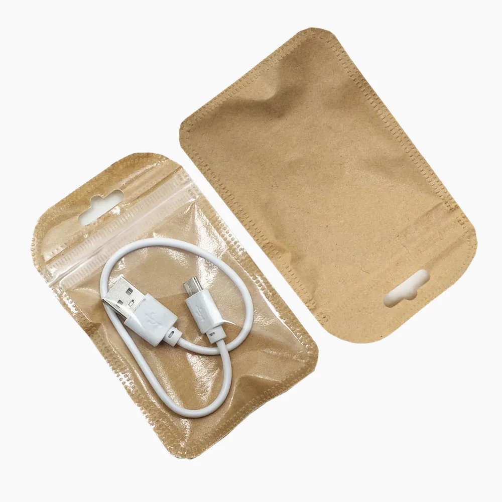 

7x11cm Clear Brown Kraft Paper Zip Lock Package Bag With Hang Hole Grocery Electronics Storage Pouches DIY Crafts Packaging Bags