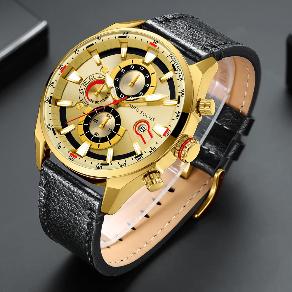 

Fashion Sports Watch Luxury Brand MINIFOCUS Men Quartz Wrist Watches Chronograph Calendar Leather Golden Clock Relogio Masculino