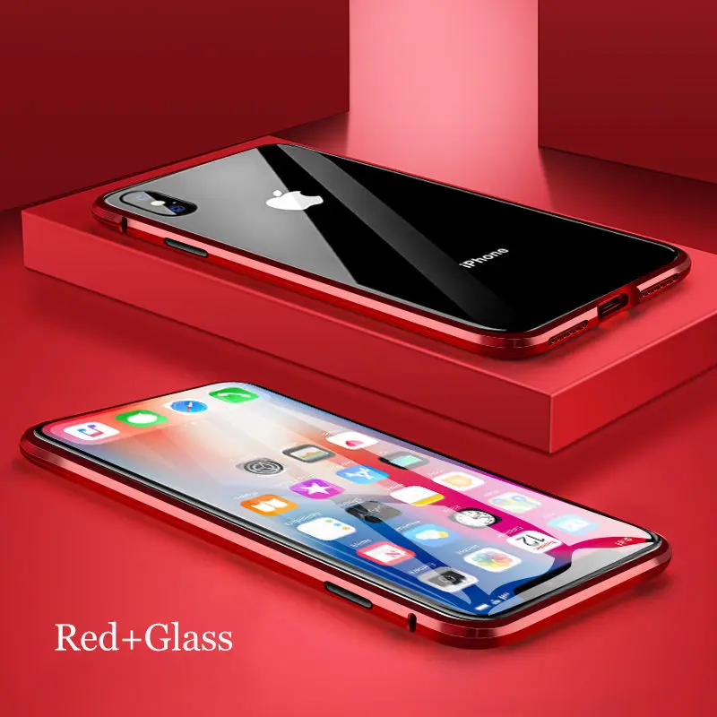 Магнитный адсорбционный металлический чехол для телефона iPhone XR XS X XS Max 6 7 8 Plus двухстороннее закаленное стекло полный защитный чехол