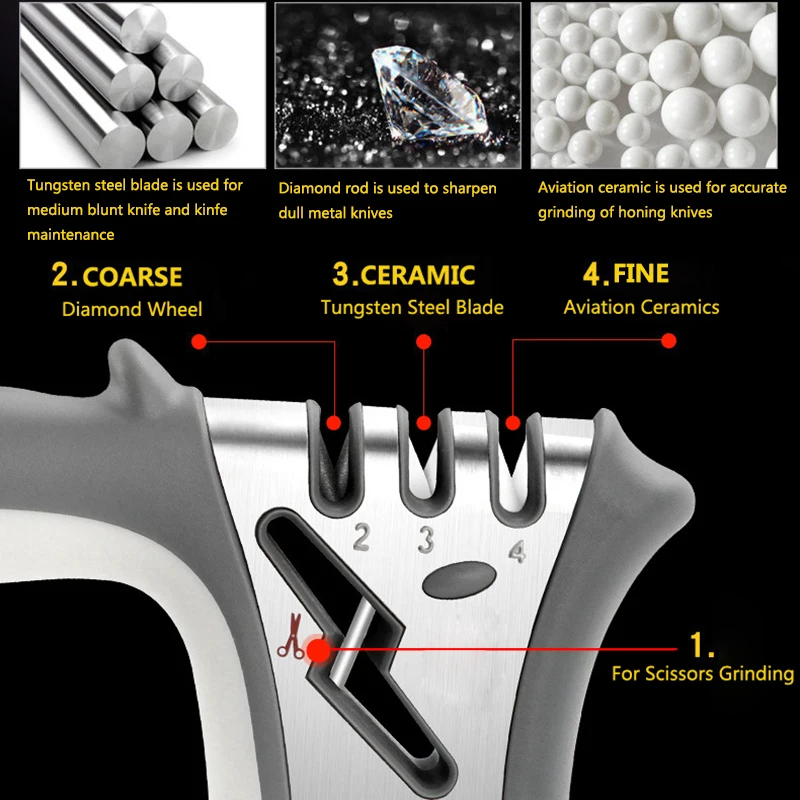 Точилка для ножей 4 в 1 с алмазным покрытием и тонким стержнем, ножницы и ножницы, Заточка лезвий из нержавеющей стали, кухонные аксессуары