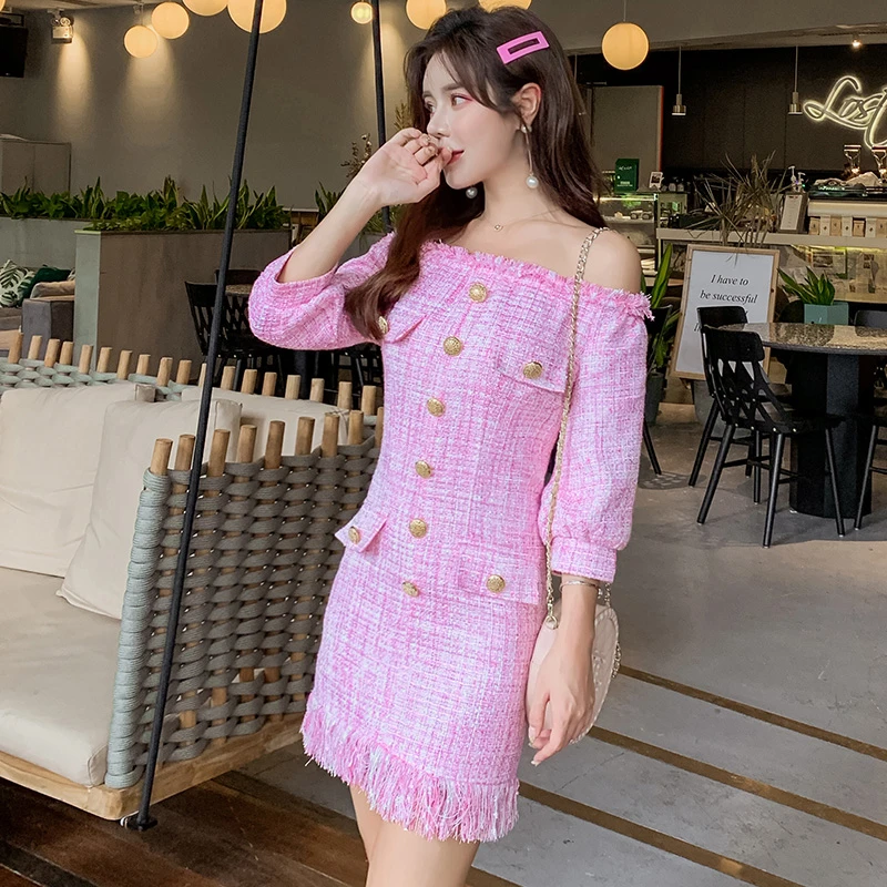 

Fashion Women Summer Dress Sexy Slash Neck Puff Sleeve Pink Tweed Dress Women Gold Button Hollow Party Dress Vestidos