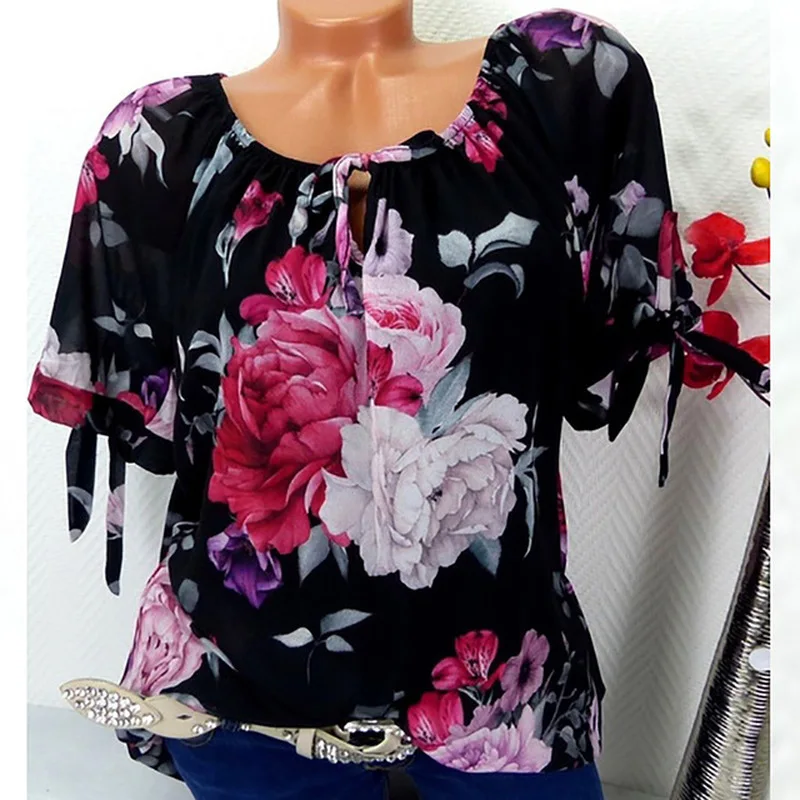 S 5xl Plus Size Tops Office Women Short Sleeve Blouse Vintage Floral Print Blouses Casual Chiffon Pullover Fashion Loose Shirt