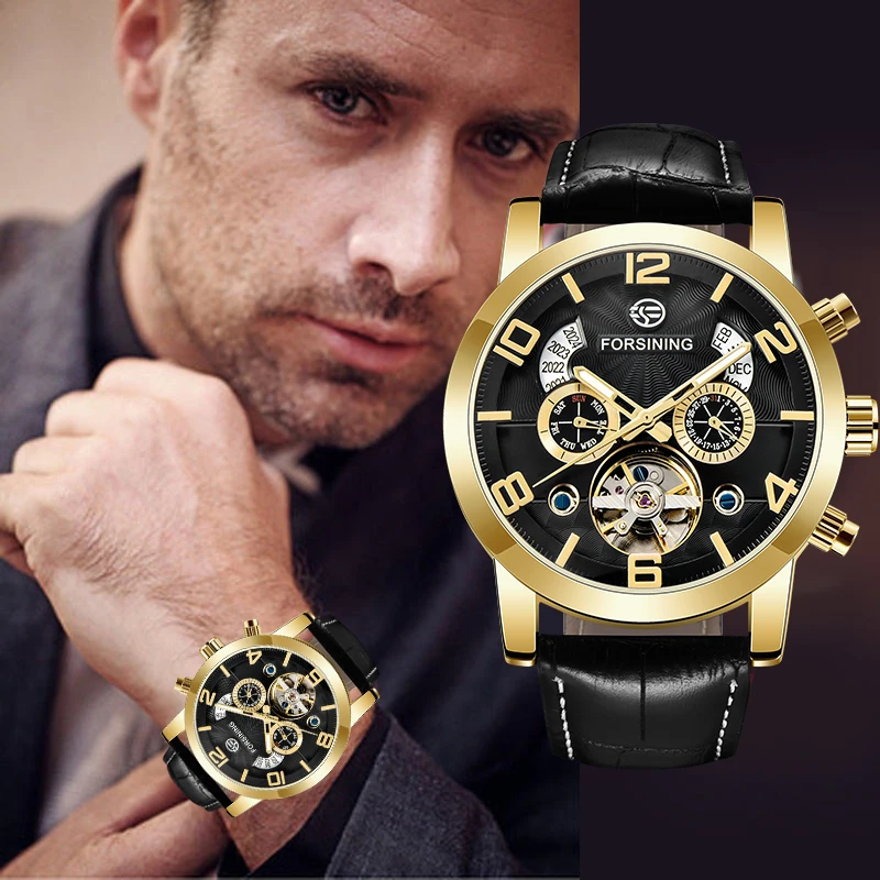 

FORSINING Fashion Leather Strap Mechanical Wristwatch Brand Luxury Business Men's Watch Multi-function Date Week Display Clock
