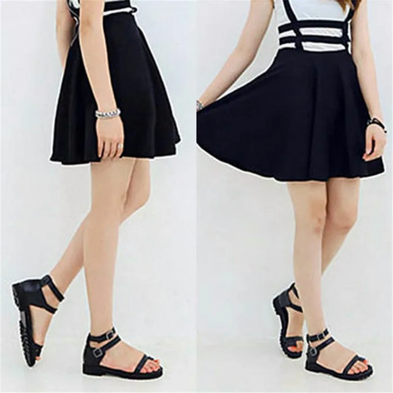 Vintage Women Skirts Hollow Out Mini Skater Skirt Summer Cute Suspender Clothes Straps High Waist Skirts Retro Solid Color Skirt