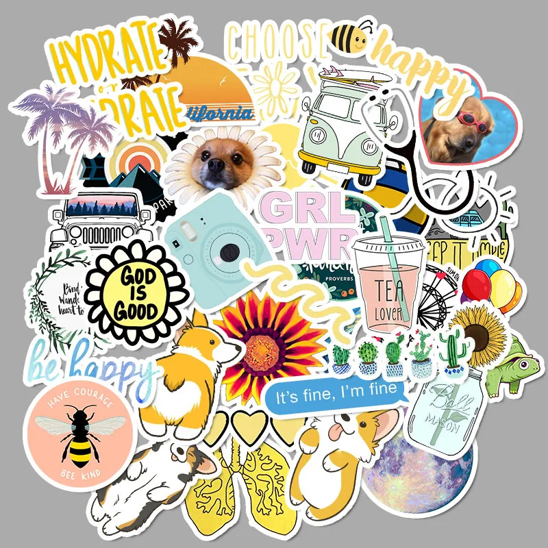 

50 Pcs/set Cartoon Simple VSCO Girls Kawaii Stickers for stationery diary scrapbooking Waterproof Sticker DIY Laptop Car Decals
