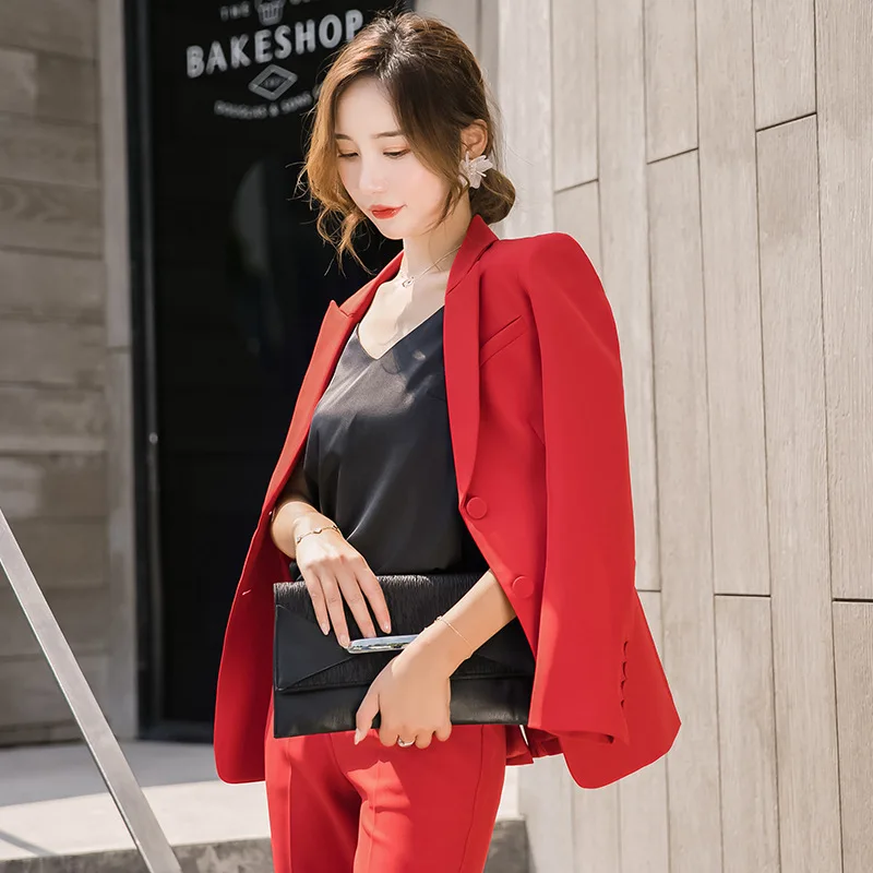 

2 piece sets womens outfits suit female spring and autumn red temperament office ladies OL professional wear suit